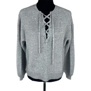 Ann Taylor Woman’s Gray Chunky Knit Lace up neckline sweater size XS warm & cozy